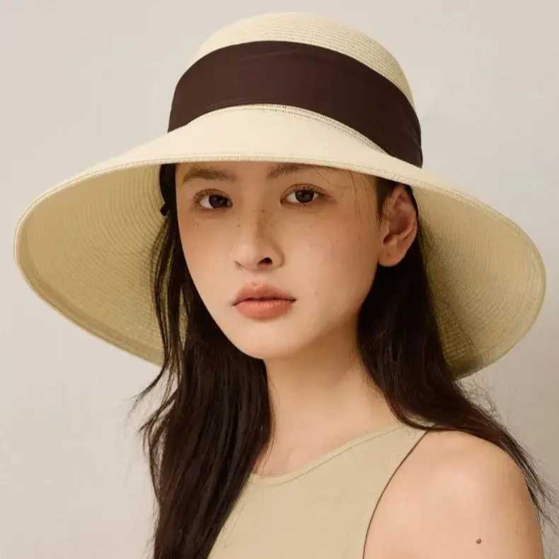 Summer Wide-Brimmed Sun Hat with Bow Ribbon Holiday Outing Sun Protection Straw Fishermans Hat H260407