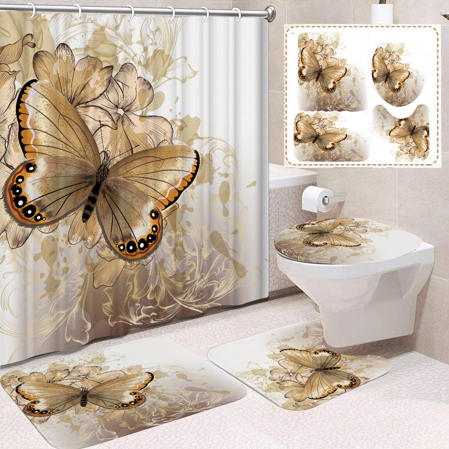 YL-38454 Home Decor Pink Butterfly and Flower Waterproof Shower Curtain Set (4 Pieces)