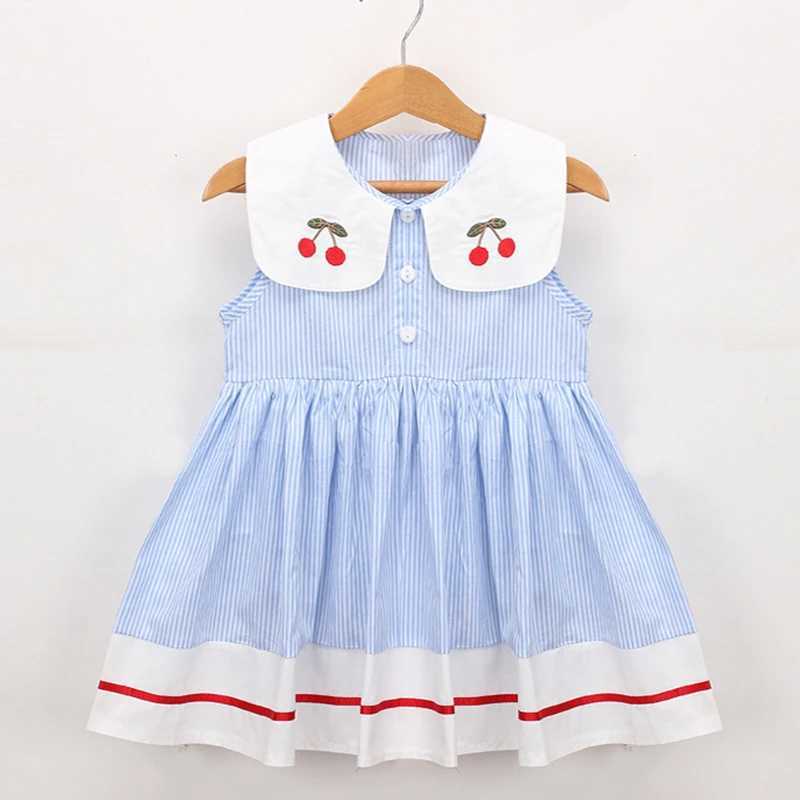 New Summer Embroidery Cherry Turn-down Collar Sleeveless Striped Dress Cotton Infant Princess Dress Toddler Girls Clothes H260407