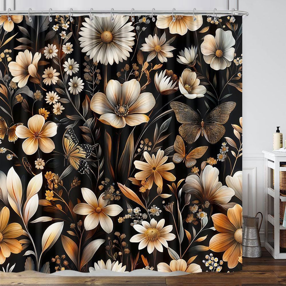 Shower Curtain White Camellia Floral Plant Design Digital Printing Bathroom Partition Curtain With Hooks Black Gold Color