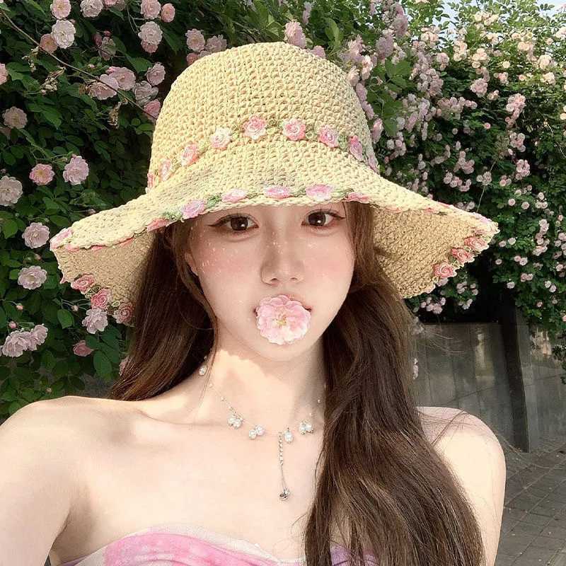 Grass Woven Flower Grass Hat Womens Big Hat Brim Summer Seaside Vacation Beach Foldable Sunshade Sun Protection Hats Women H260407