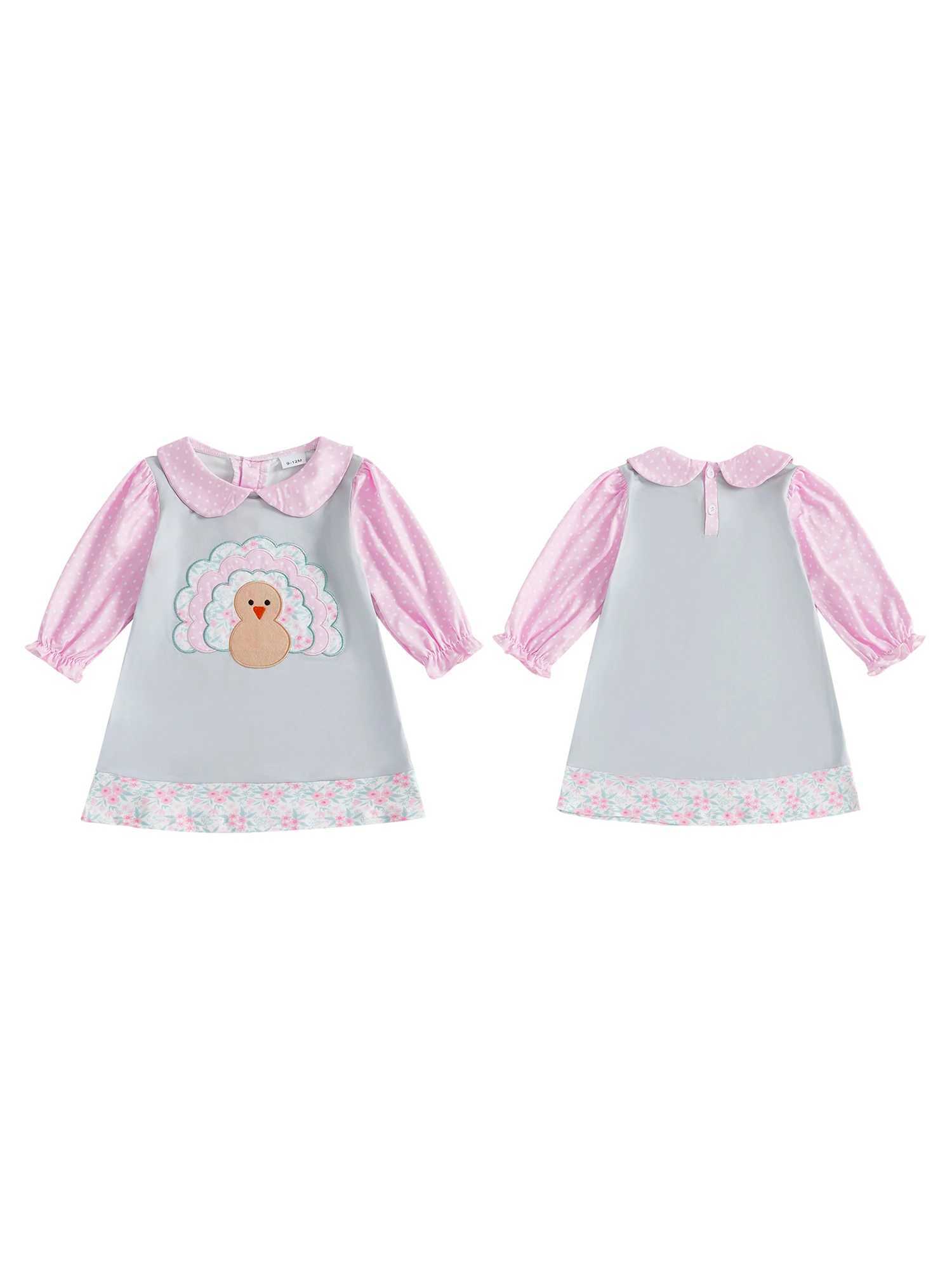 Adorable Infant Girl Fall Dress with Cute Turkey Embroidery and Lantern Sleeves for Thanksgiving Celebration H260407
