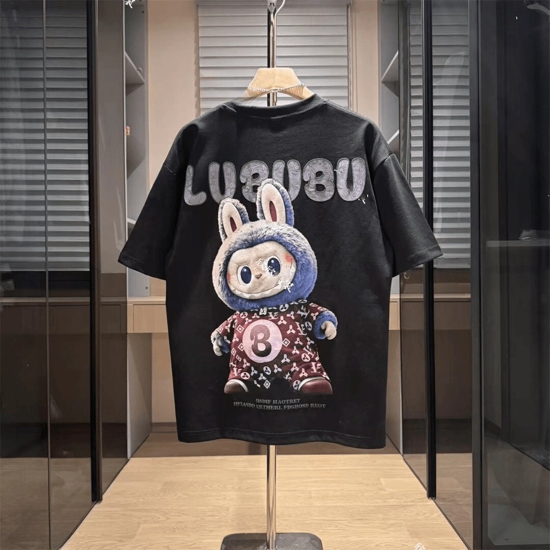 Luxury Designer Men's Casual Sportswear Cartoon Labubu Print Cotton Oversized T-shirt High-end Street Fashion Breathable Summer Activewear