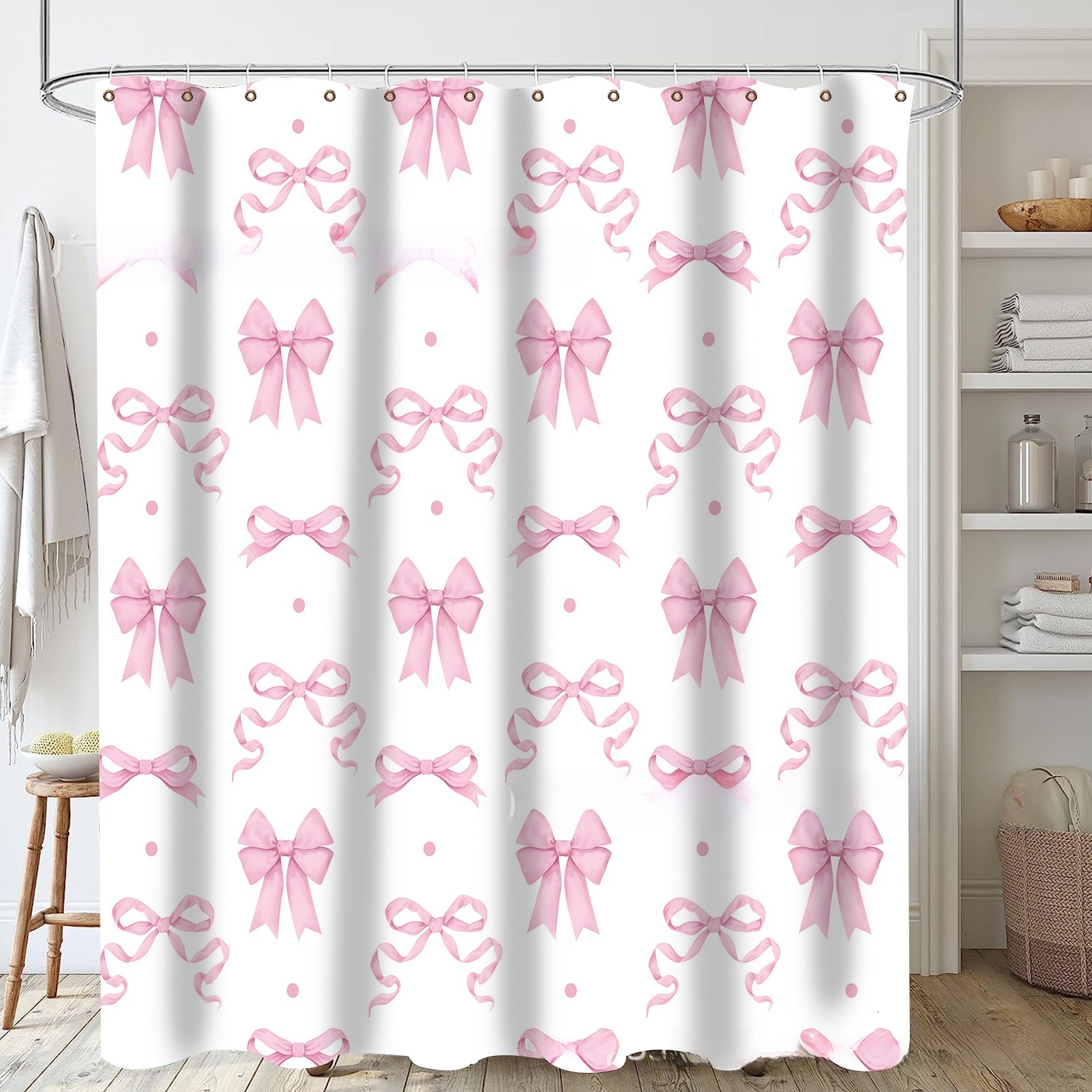 Shower Curtain Pink Bow Design Sweet Style Polyester Digital Printing Waterproof Bathroom Partition Curtain