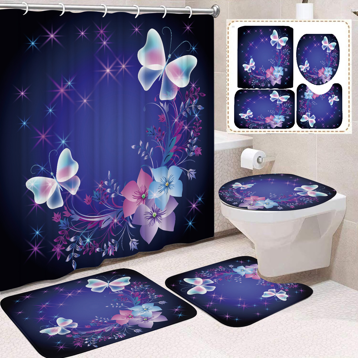 YL-38454 Home Decor Pink Butterfly and Flower Waterproof Shower Curtain Set (4 Pieces)
