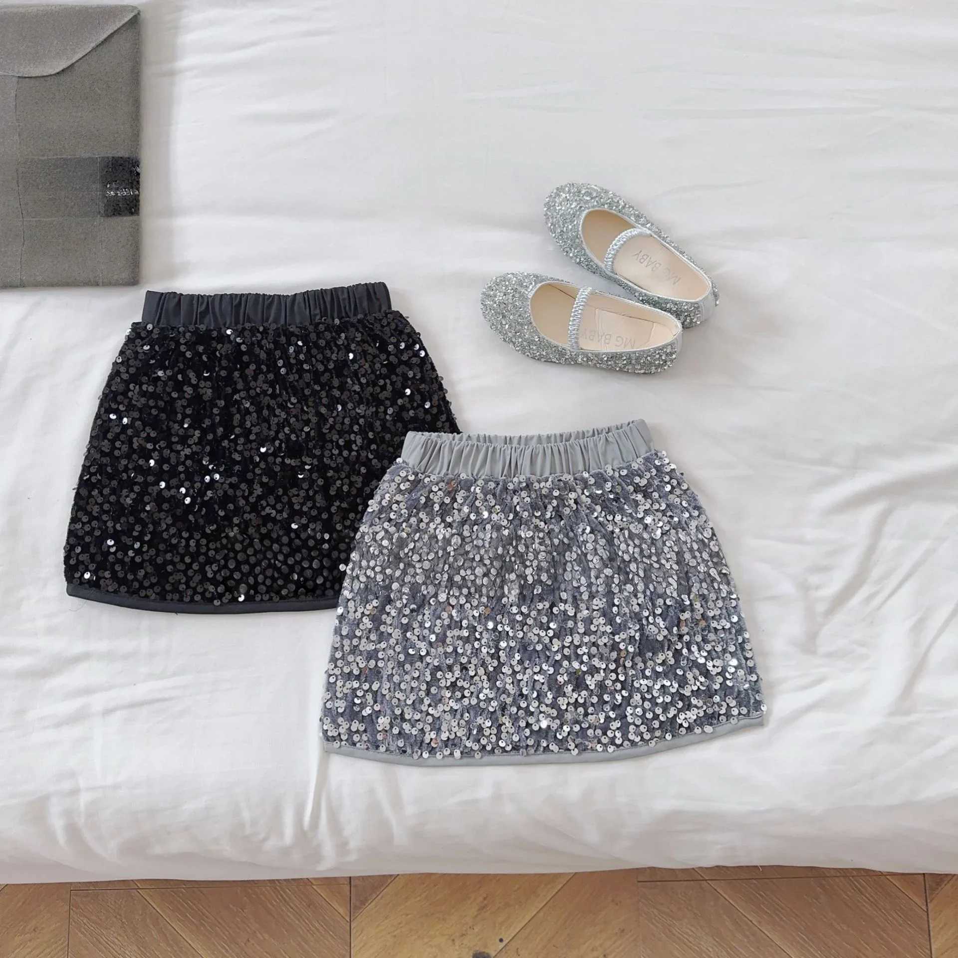 Spring Summer Children Clothes Girls Sequin Skirt Kids Fashion A-line Slim Party Wear Children High-Waisted Sparkle Skirt H260407