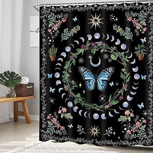 Shower Curtain Witch Bohemian Butterfly Moth Sun Moon Phase Pattern Bathtub Coverage No Drilling Waterproof Bathroom Partition Curtain