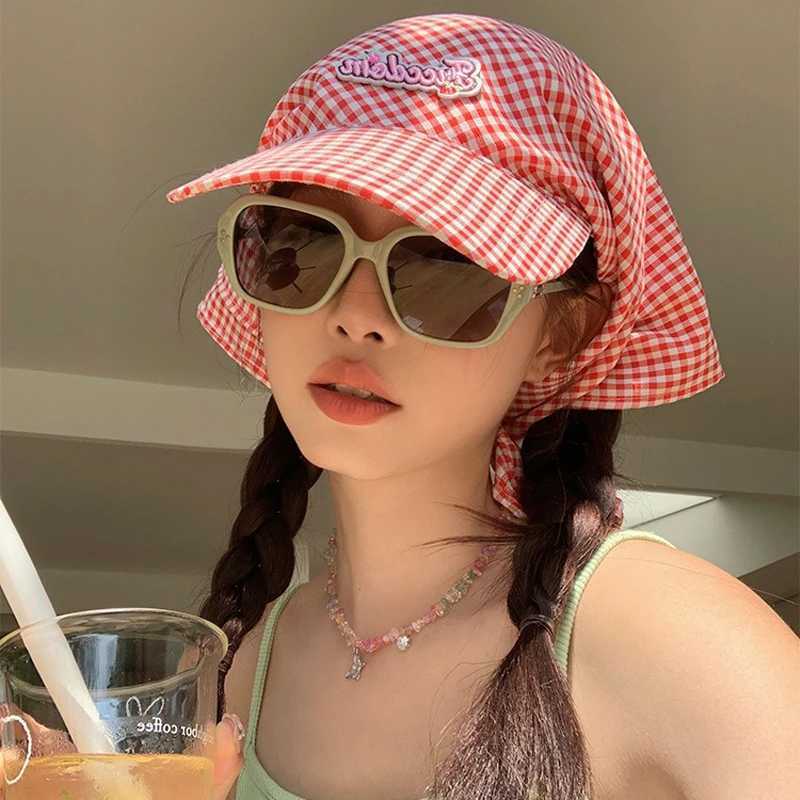 Womens Sunshade Hats Plaid Simple Sweet Personality Fashion Trendy Korean Style Versatile Headwears Outdoor Beach Head Scarfs H260407