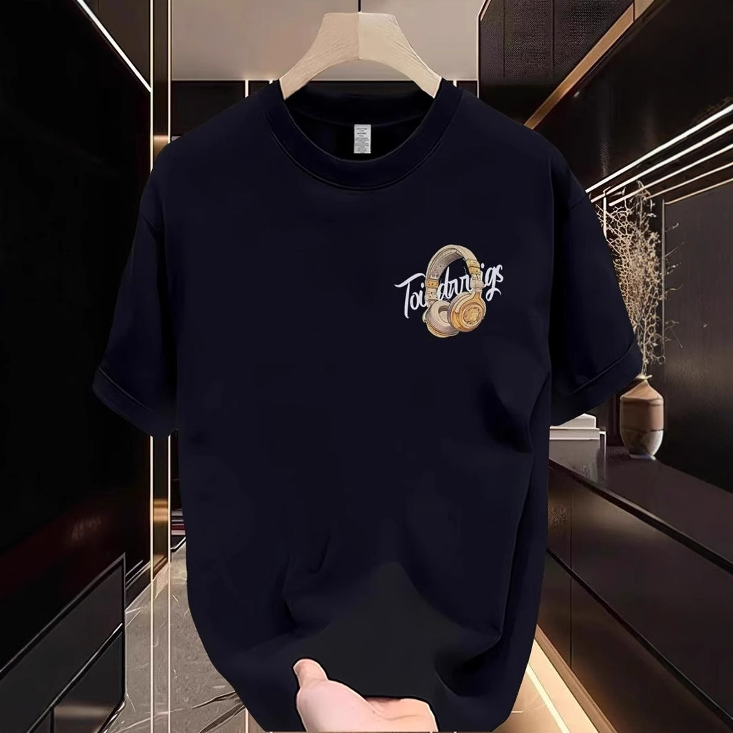 Luxury Designer Men's Casual Sport T-shirt Headphone Graffiti Print Oversized Cotton Tee High-end Street Fashion Premium Summer Activewear