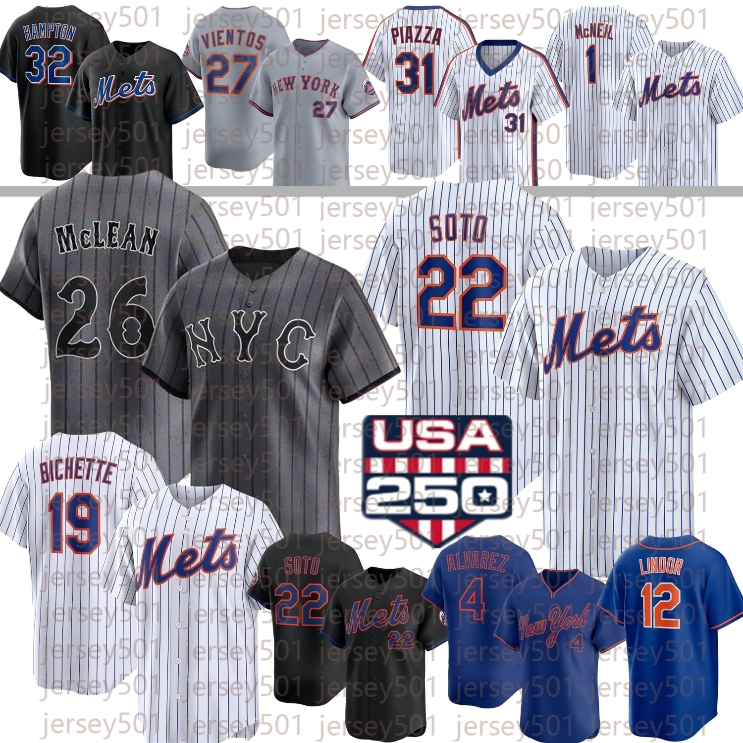 NY Jersey Mets Juan Soto Francisco Lindor Nolan McLean Francisco Alvarez Bo Bichette Carson Benge Luis Robert Jr Freddy Peralta Wright Semien Senga Vi