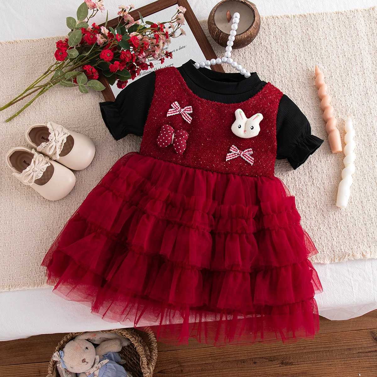 Girls Dress Summer Bow Cartoon Mesh Short-Sleeve Baby Girl Dress Cute Princess New Year Baby Dress Baby Girl Clothes H260407