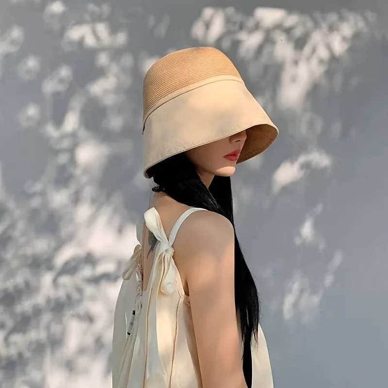 1pc Womens Versatile Patchwork Straw Hat with Pocket ScarfTravel Sunshade Dome Wide Brim Face Cover Bucket Hat for Beachparty H260407