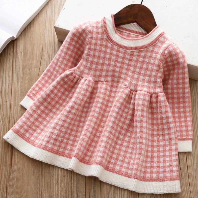Autumn and Winter Girls New Checkered Printed Long Sleeve Color Blocked Sweet and Cute Fashion Warm Mini Woolen Dress H260407