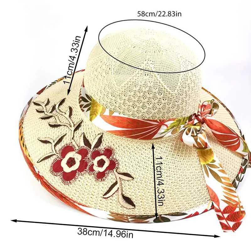 Summer Women Flower Embroidery Hat Wide Brim Satin Ribbon Bow Straw Hat Panama Hats Female Outdoor Foldable Beach Sun Cap 1pc H260407