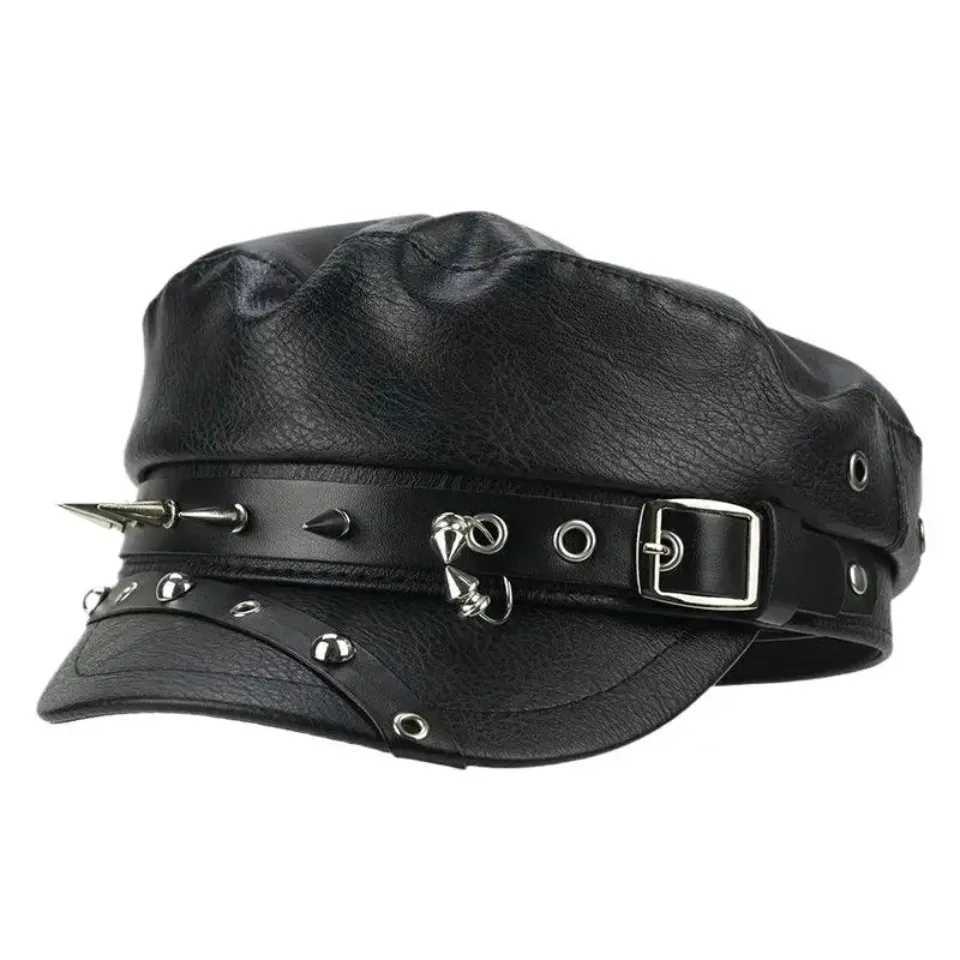 Unisex Rivet Buckle Leather Hat Spring Autumn Sailor Hats Black Beret Cap Men Flat Top Captain Military Caps H260407