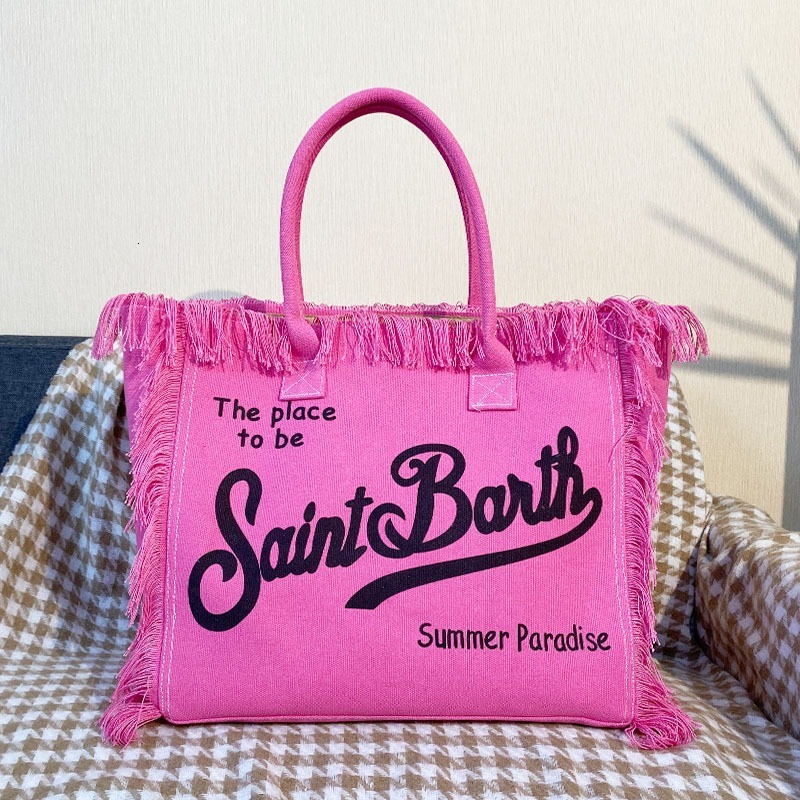 2026 New Arrival Saint Barth Fringe Tote Bag for Women - Ivory Canvas Beach Handbag, Retro Boho Summer Paradise Tote