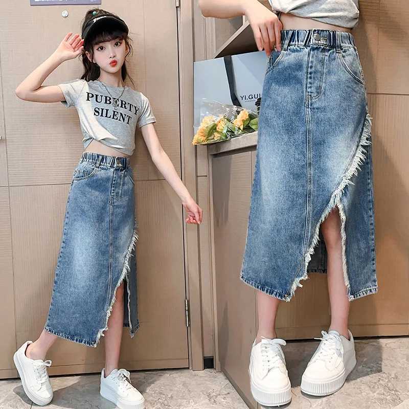 5 6 7 8 9 10 11 12 13 Year Teen Girls Denim Skirt New Fashion Korean Version Split Long Skirt Children Clothing Birthday Present H260407