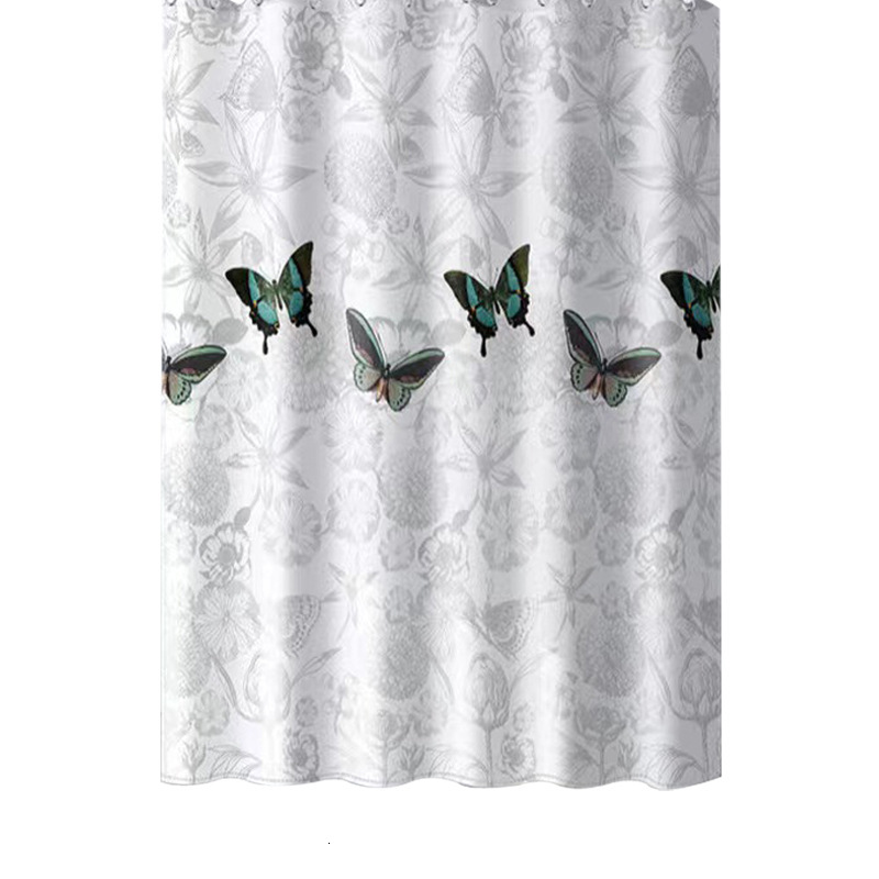 Shower Curtain Butterfly And Flower Print Background Thickened Polyester Fabric Waterproof Mildew Proof Bathroom Partition Hanging Curtain