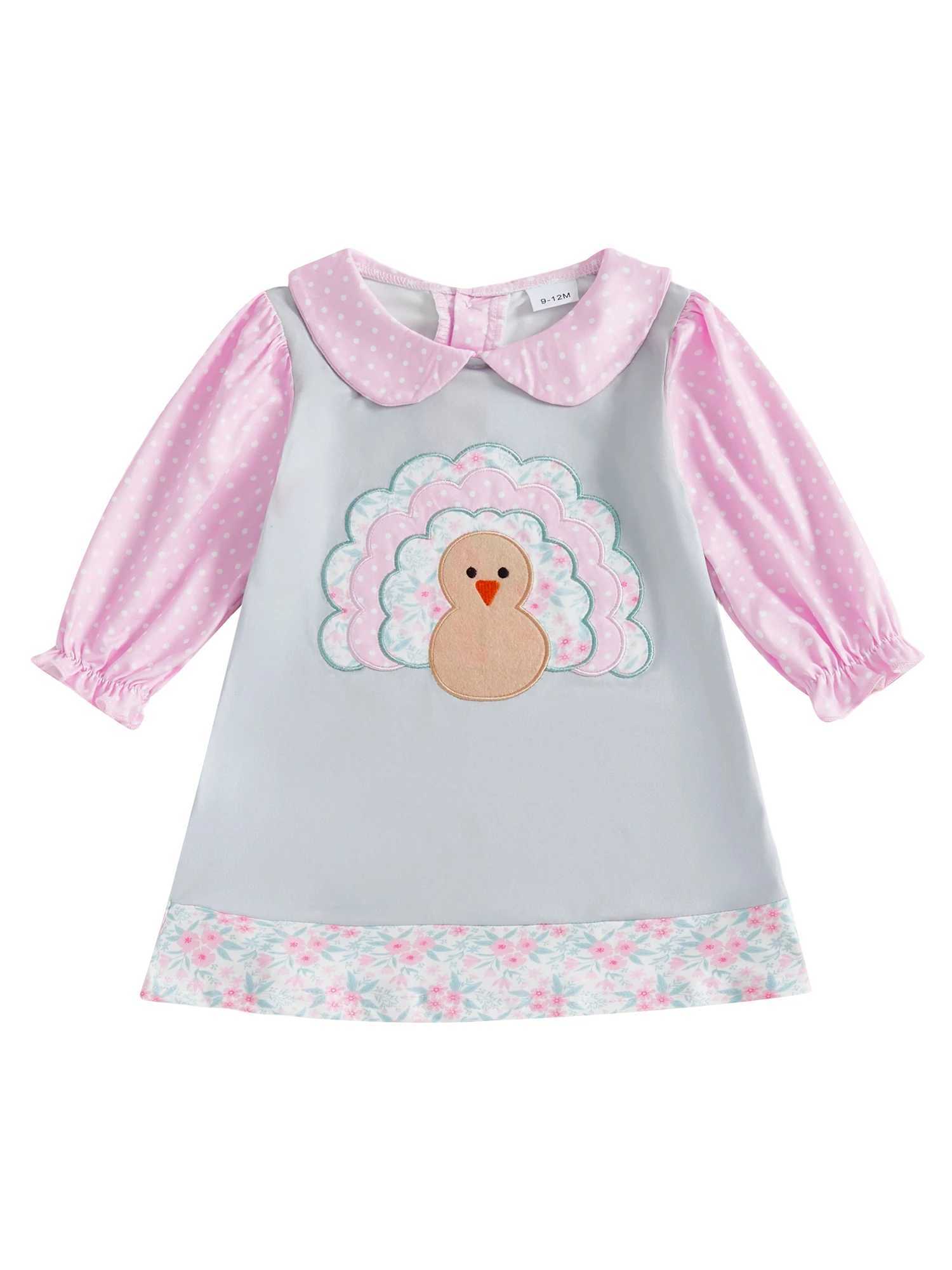 Adorable Infant Girl Fall Dress with Cute Turkey Embroidery and Lantern Sleeves for Thanksgiving Celebration H260407