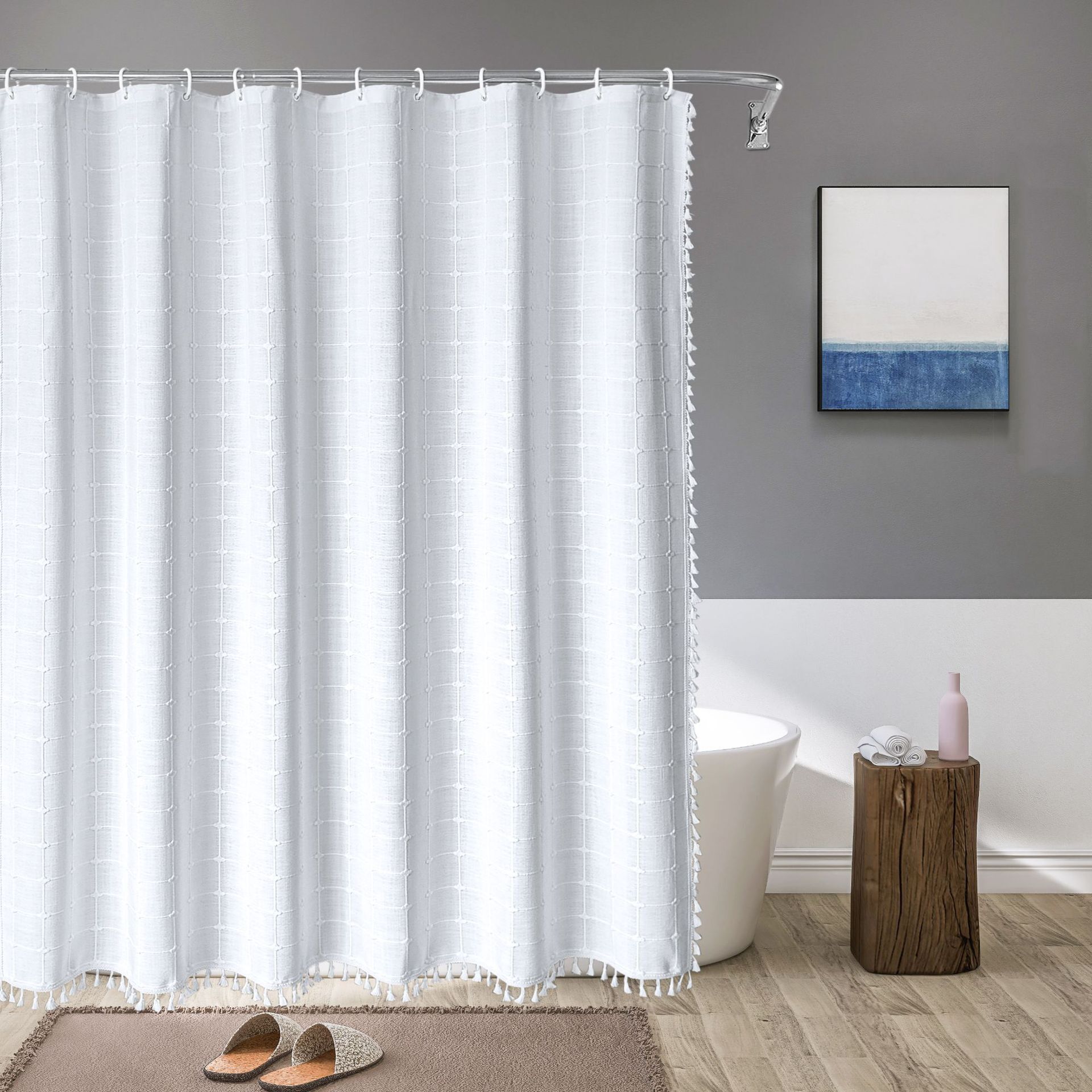 Shower Curtain 7.5cm Polyester Linen Tassel Checkered Design Waterproof Fabric Bathroom Partition Curtain