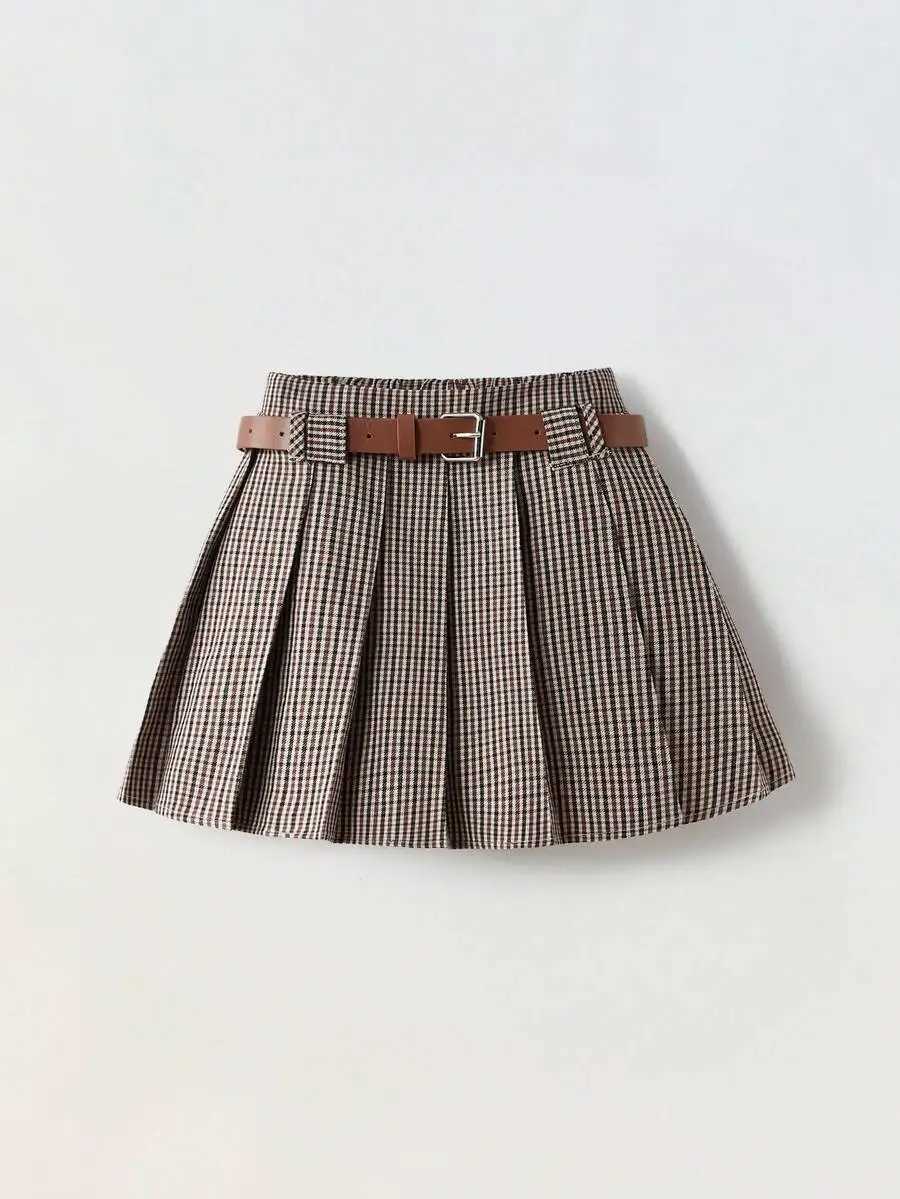 Girls Plaid Pleated Mini Skirt with Belt - Classic Checkered Design H260407