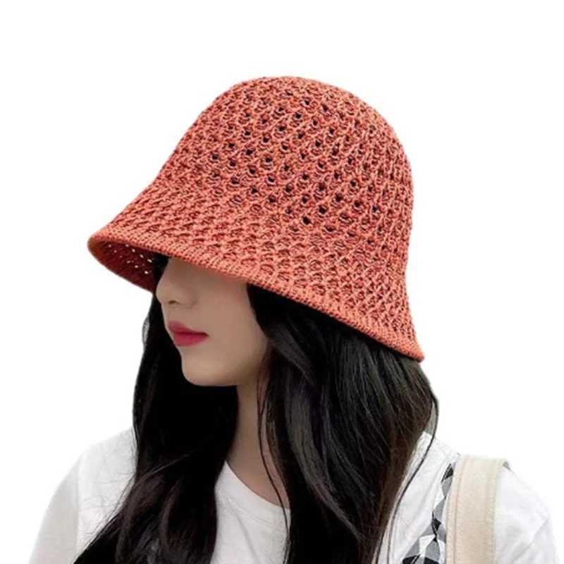 Bucket Hat Spring Summer Hollow Knitted Hat Solid Color Sunhat Fisherman Caps Casual Foldable Beach Cap H260407