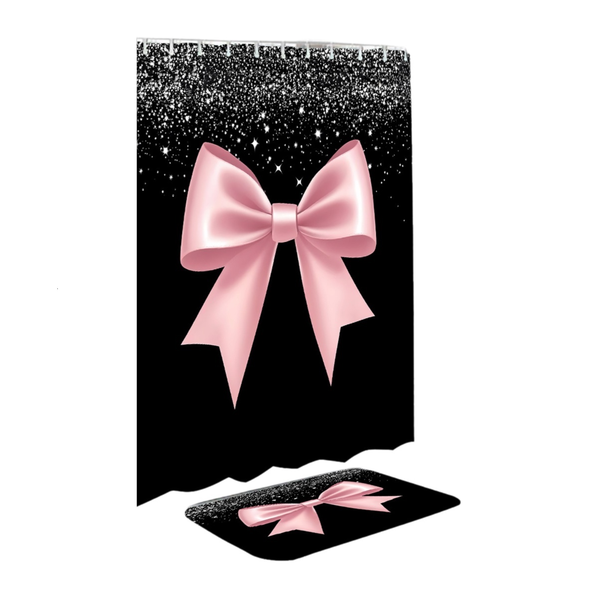 Shower Curtain Pink Bowknot Floral And Plant Pattern Black Background Bathroom Partition Curtain With Hooks