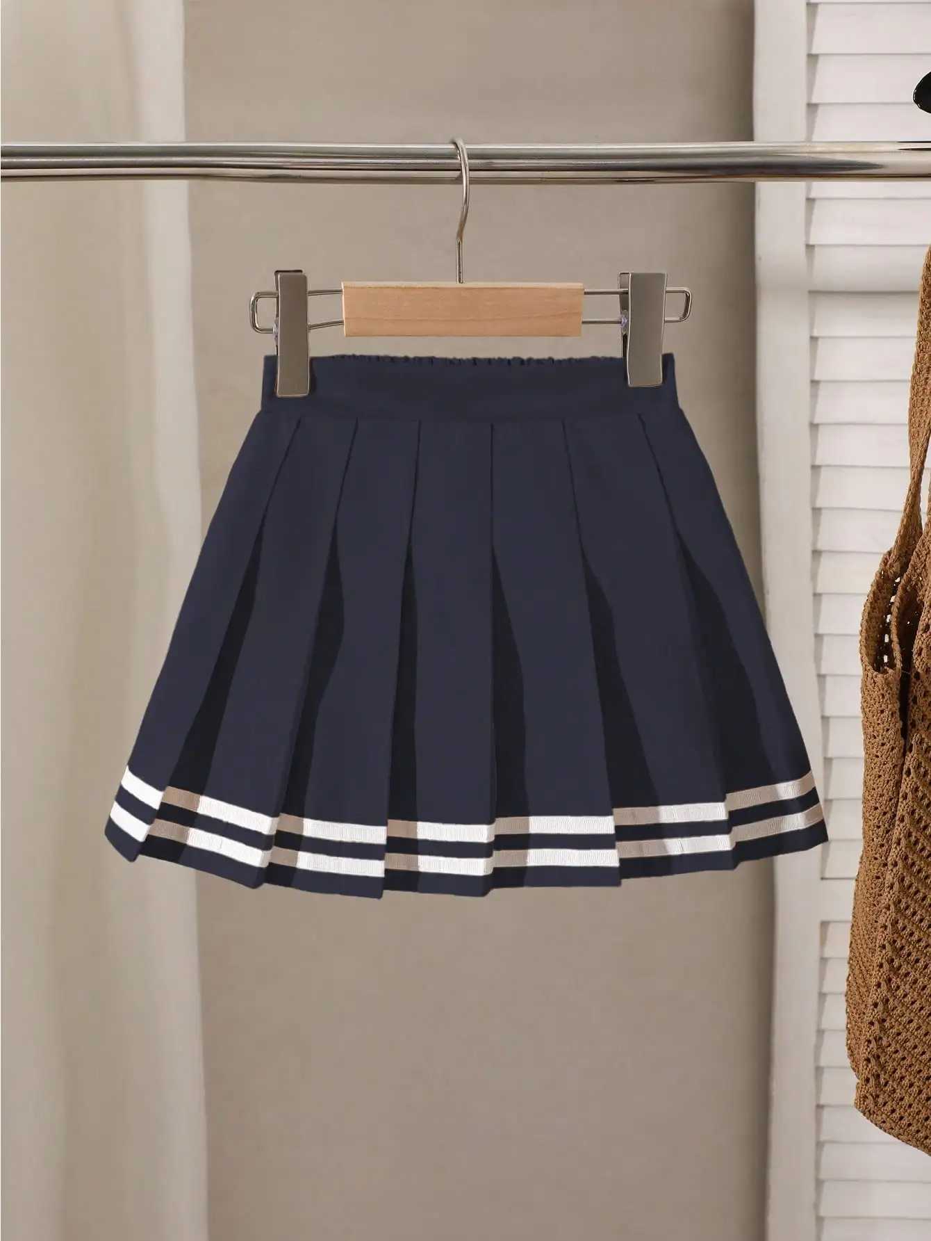 Navy Blue Pleated Skirt for Girls with White Stripe Trim and Elastic Waist H260407