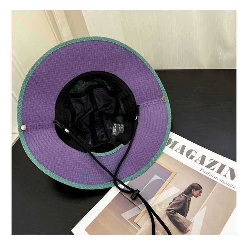 Japanese Color-blocked Bucket Hat Spring and Summer Outdoor Shade Windproof Lace-up Quick-drying Hiking Cap for Men and Women H260407