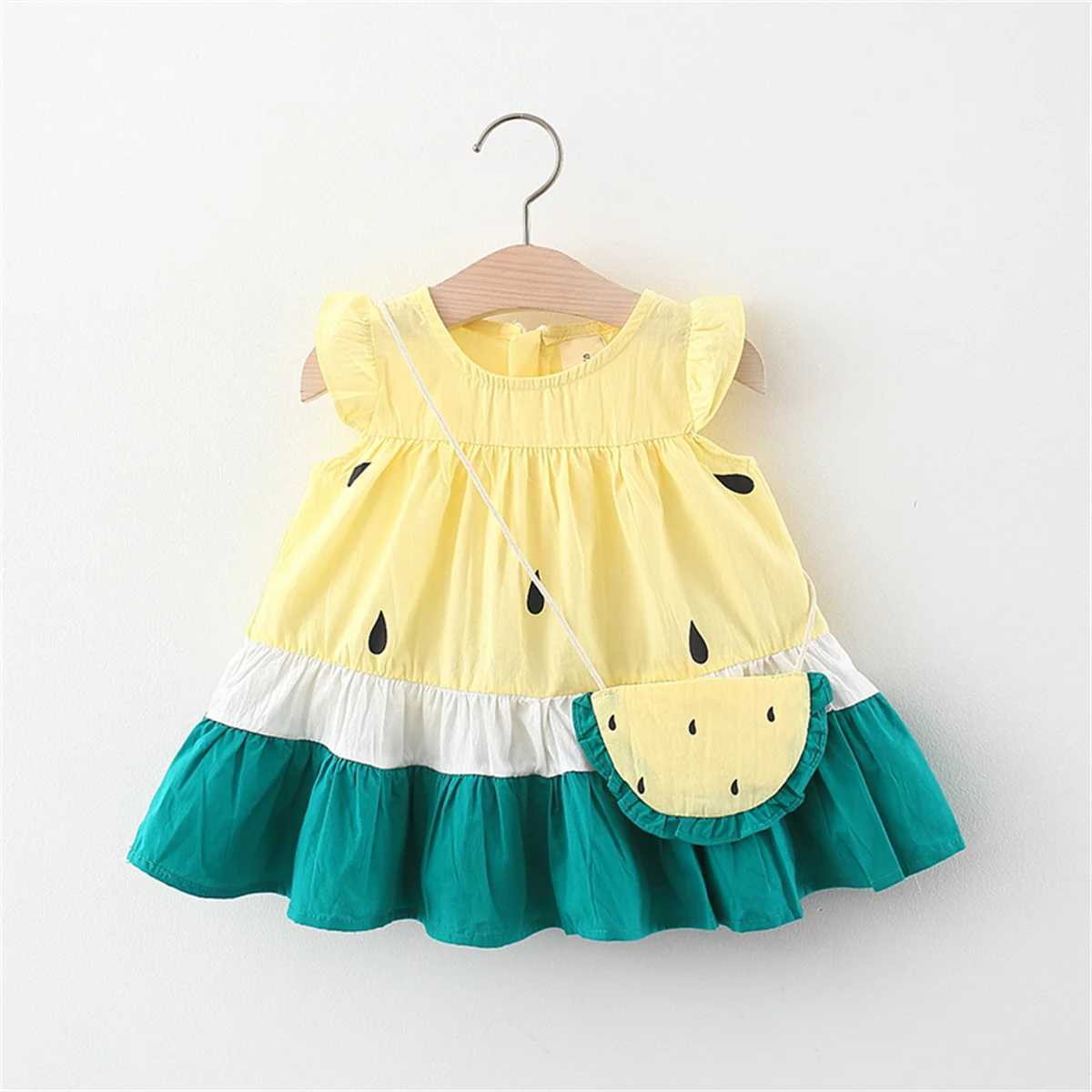 Summer Baby Girls Dress Cute Little Watermelon Print Flying Sleeves Knee-length Daily Dress with Bag H260407