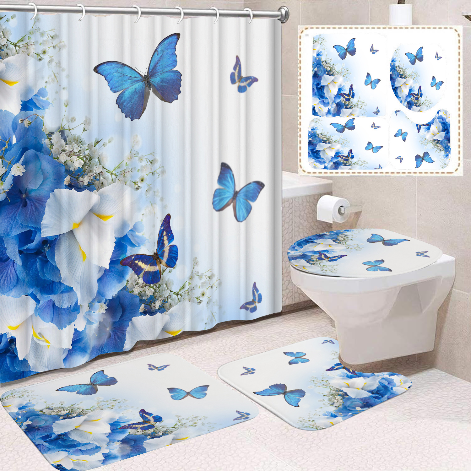 YL-38454 Home Decor Pink Butterfly and Flower Waterproof Shower Curtain Set (4 Pieces)