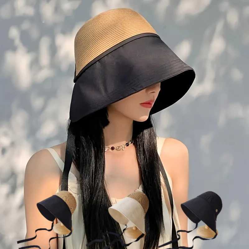 1pc Womens Versatile Patchwork Straw Hat with Pocket ScarfTravel Sunshade Dome Wide Brim Face Cover Bucket Hat for Beachparty H260407