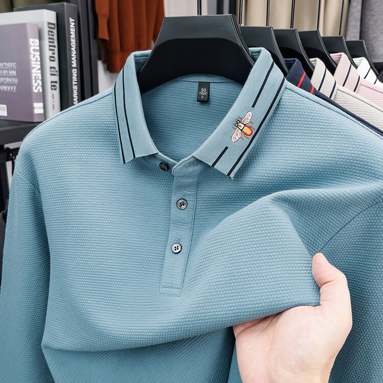 Luxury Designer Men's Long Sleeve Polo Shirt Premium Waffle Knit Bee Embroidery Collar High-end Business Casual Top Elegant Exclusive Craftsmansh