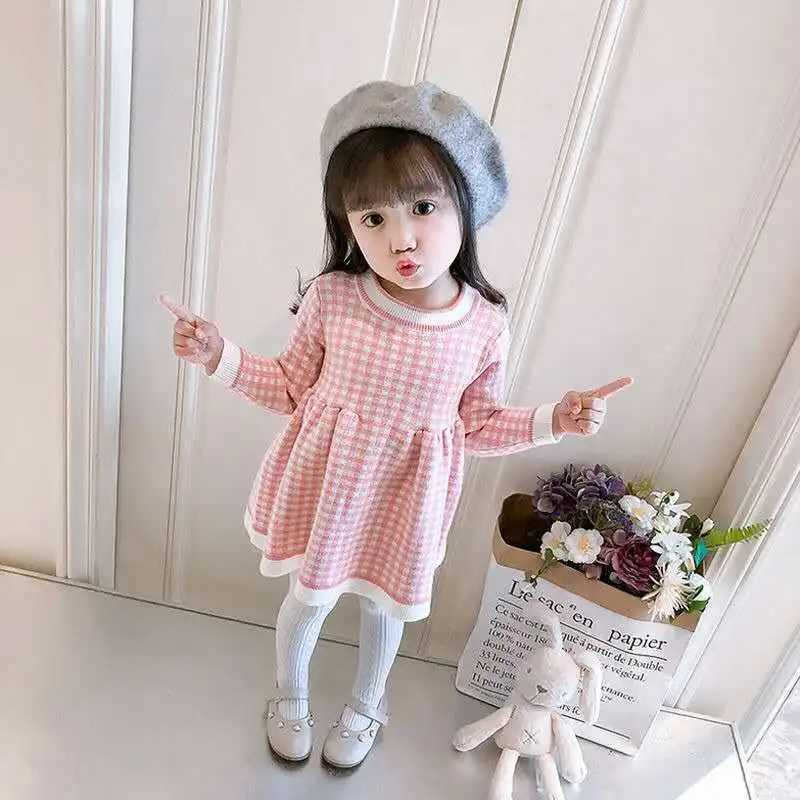 Autumn and Winter Girls New Checkered Printed Long Sleeve Color Blocked Sweet and Cute Fashion Warm Mini Woolen Dress H260407