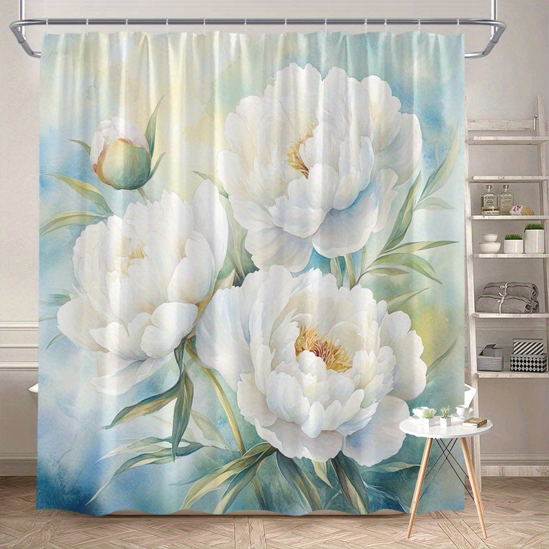 Shower Curtain Camellia Decor Macaron Color Background Waterproof Fabric Digital Printing Moisture Proof Partition Curtain For Bathroom