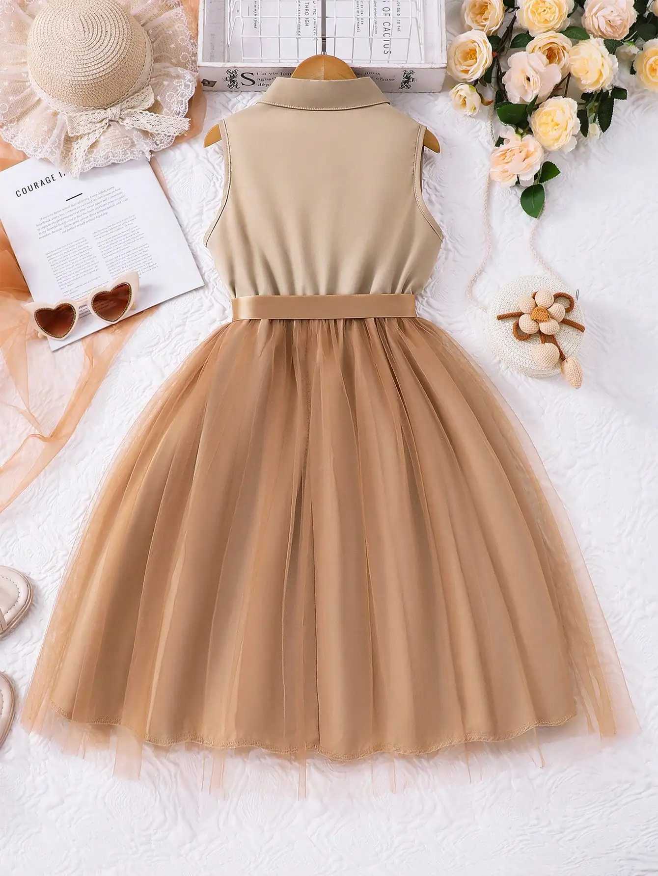 Girls Sleeveless Collared Dress with Tulle Skirt and Satin Bow Belt Beige Summer Casual H260407