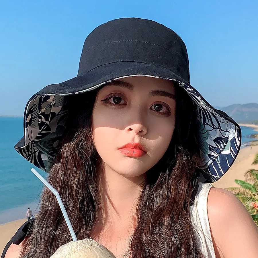 Summer New Printed Double Sided Fishermans Hat with Large Eaves for Face Covering Sunscreen Hat for Women Outdoor Sun Hat H260407