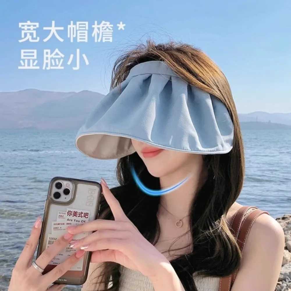 Summer Hat in Summer UV Resistant Empty Top Sun Hat Versatile Large Brim Face Covering Hair Tie Sun Shell Hats for Women Girl H260407