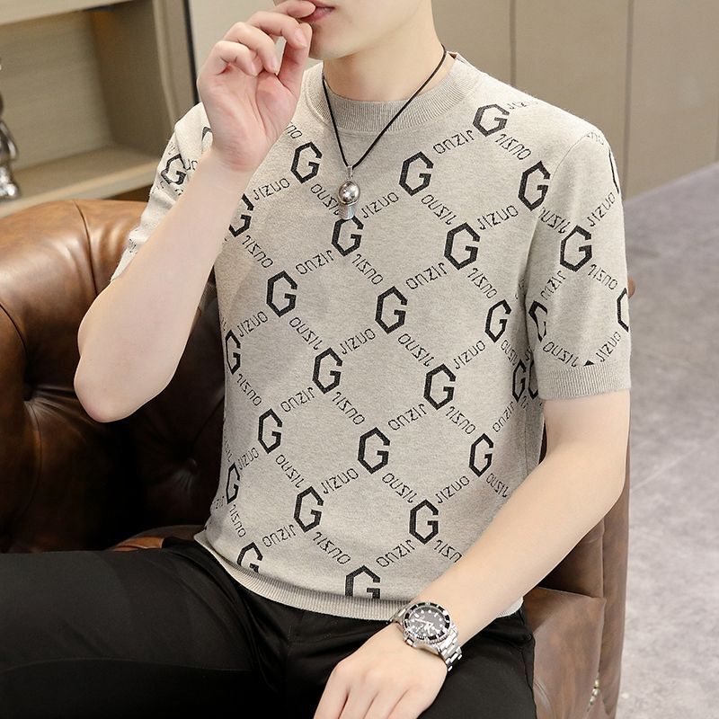 Luxury Brand Designer Men short-sleeved knit sweater spring and autumn trendy slim-fit round-neck half-sleeve base shirt casual versatile warm sweater
