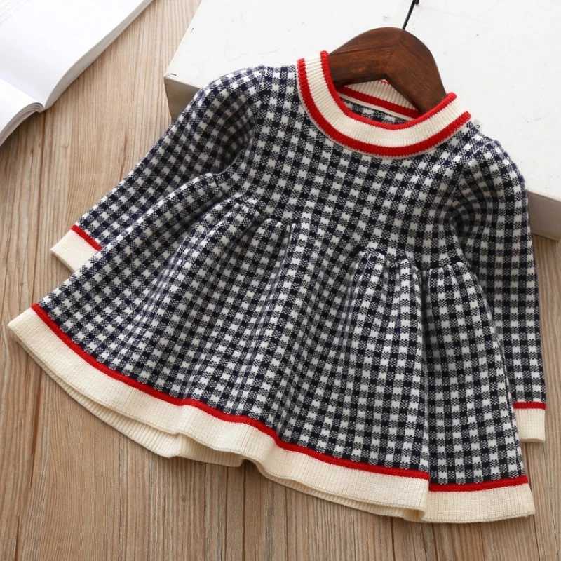Autumn and Winter Girls New Checkered Printed Long Sleeve Color Blocked Sweet and Cute Fashion Warm Mini Woolen Dress H260407