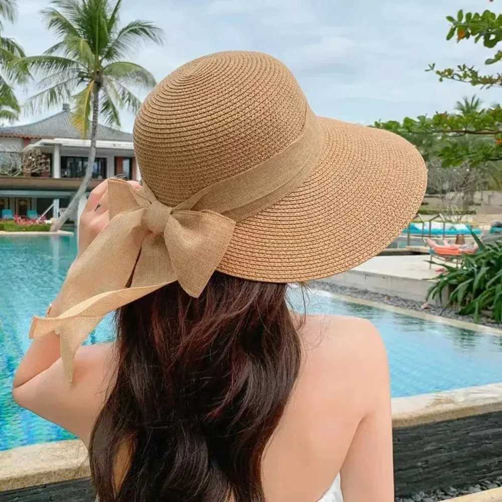Korean Style Summer Sun Protection Woven WomenS Straw Hat Bow Tie Elegant Beach Hat Large Brim Sun Hat for Vacation Sun Hat H260407
