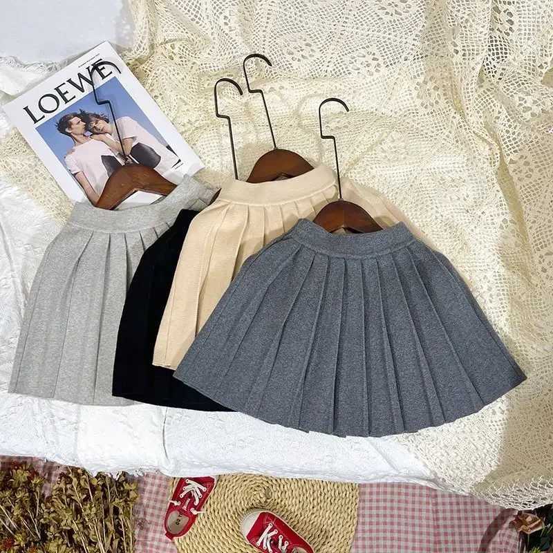 Kids Girls Knitted Pleated Skirts 2024 New Arrival Children Autumn Winter Cotton Skirts Children School Skirts Black Gray Skirt H260407