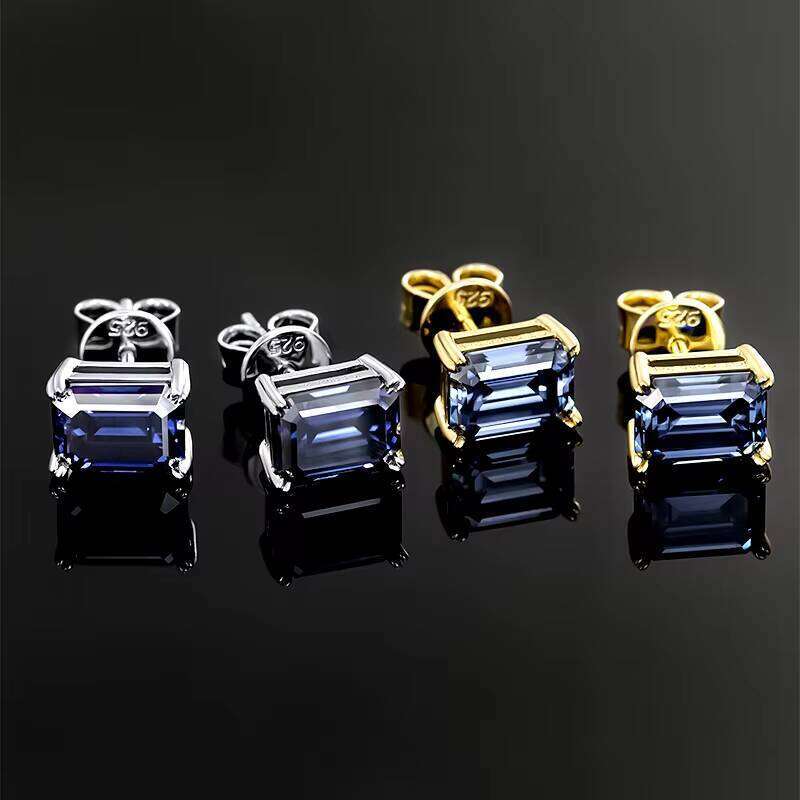 Blue Gray Emerald Cut Solitaire Earings Sier Studs Moissanite Earrings Men