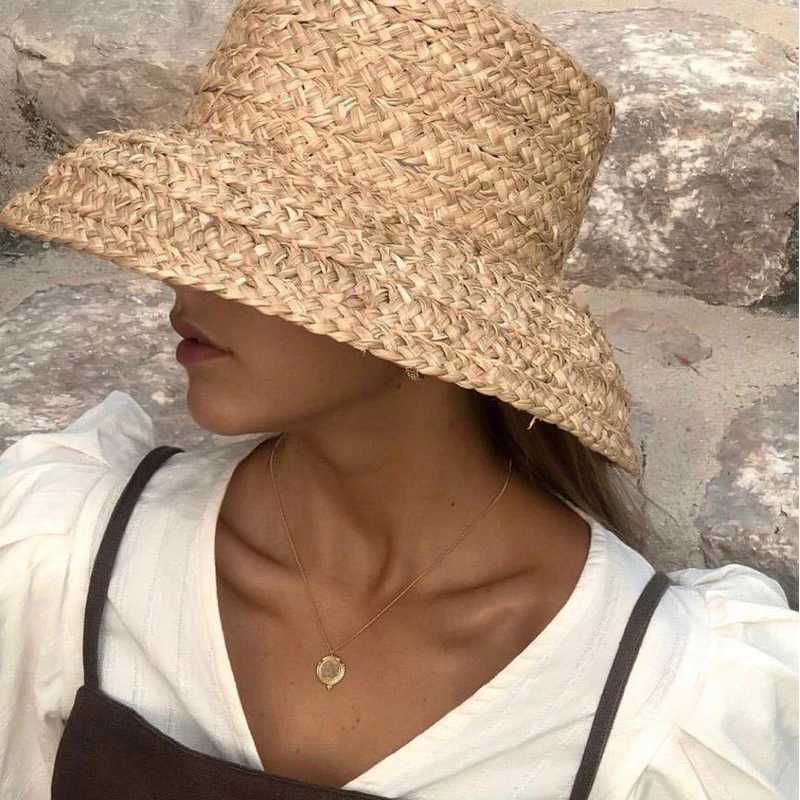 Fashion Women Wide Brim Raffia Hat Women Vacation Beach Hats Flat Top Straw Hat Summer Sun Hat Ladies UV Bucket Hat Wholesale H260407