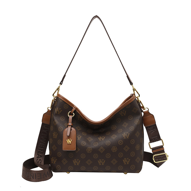2026 New Arrival Monogram Print Hobo Bag for Women - Premium Brown Faux Leather Crossbody Handbag, Retro Luxury Shoulder Tote