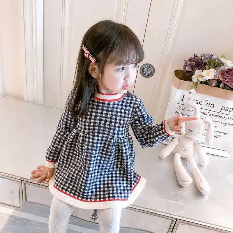 Autumn and Winter Girls New Checkered Printed Long Sleeve Color Blocked Sweet and Cute Fashion Warm Mini Woolen Dress H260407