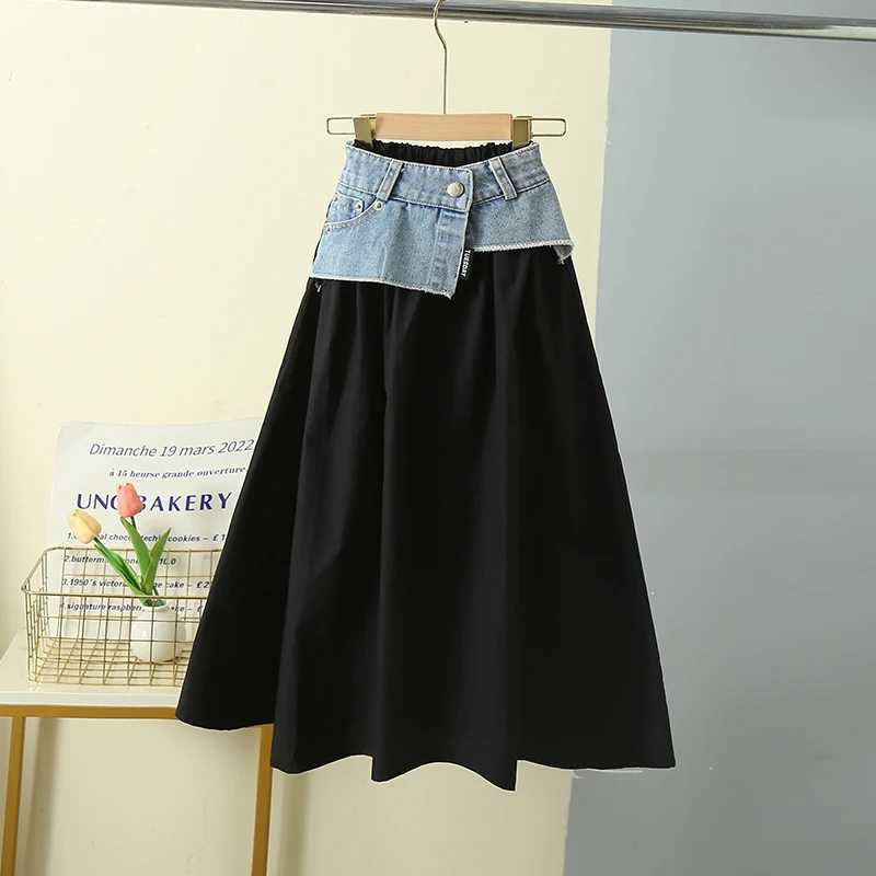Korean Child Long Patchwork Denim Skirt For Teens Girls Elegant Summer Streetwear Clothing Kids High Waist A Line Black Skirt H260407