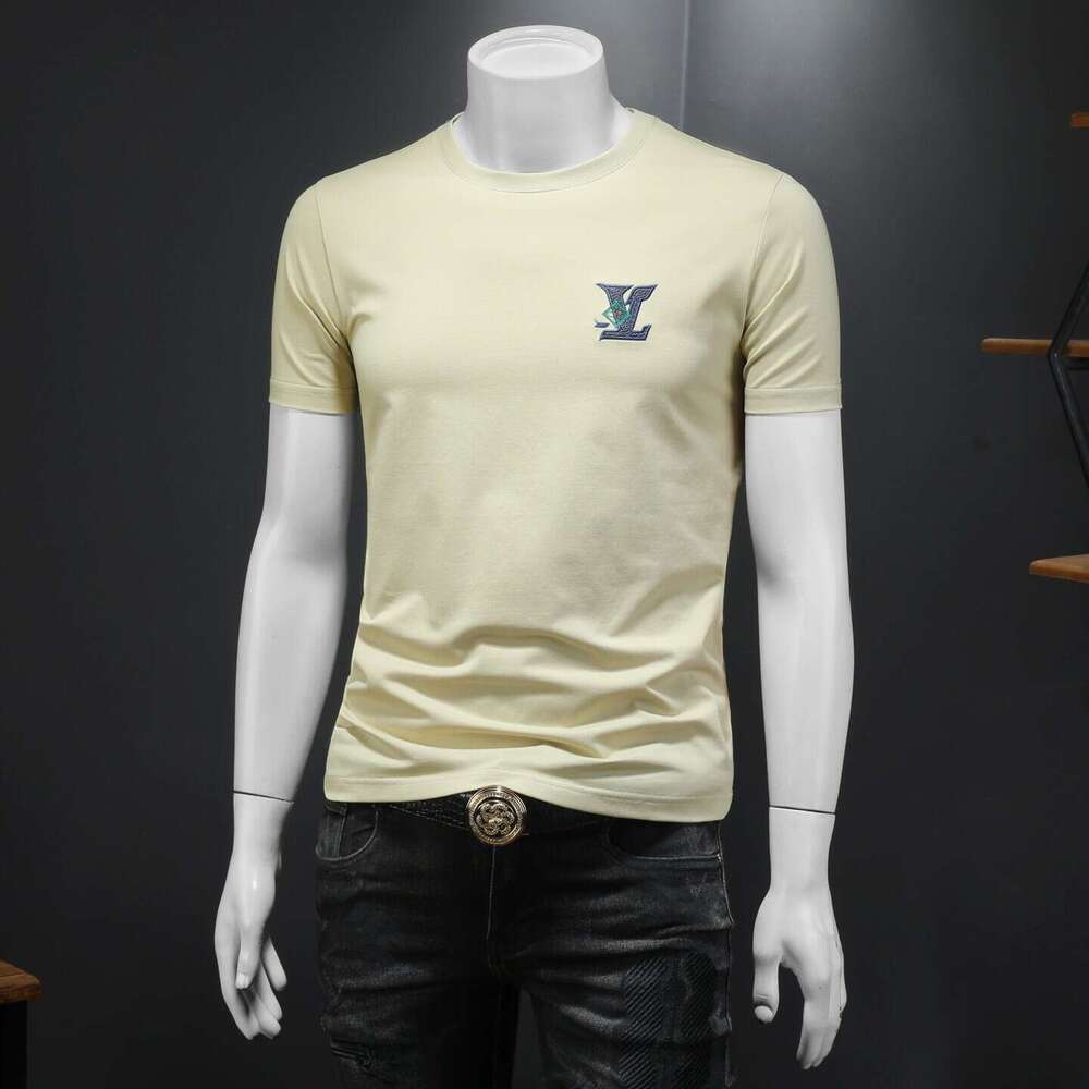 European 2026 Summer New Men's Embroidered T-Shirt, Round Neck Pullover, Short Sleeve, Simple Base Shirt