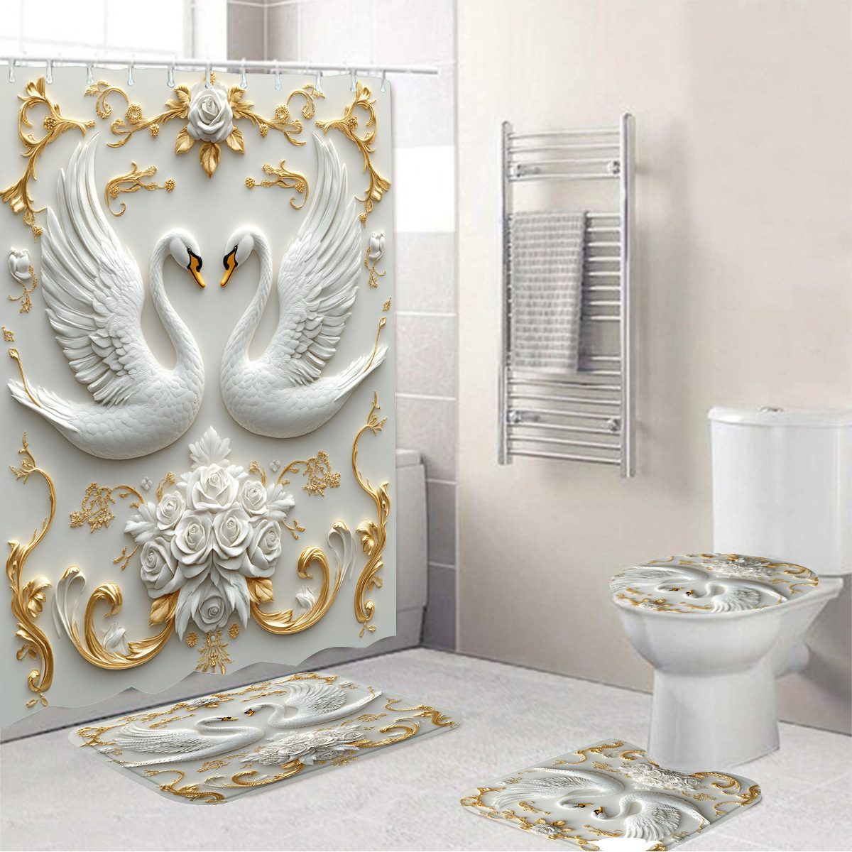 Shower Curtain Pink Bowknot Floral And Plant Pattern Black Background Bathroom Partition Curtain With Hooks