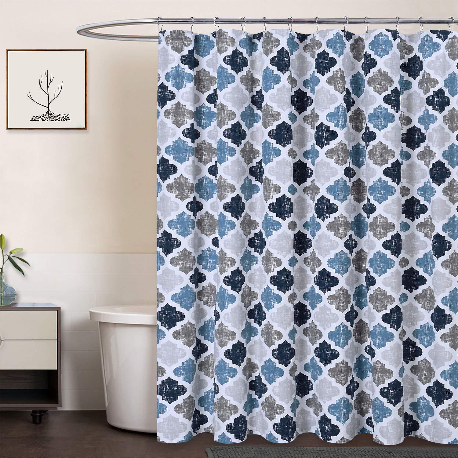 Shower Curtain Ocean Blue Gray Geometric Clover Pattern Modern Polyester Cotton Farmhouse Fabric Waterproof Bathroom Curtain